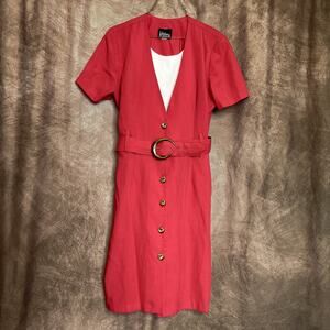 Whirlaway Frocks Vintage 80s Shift Dress Red Belted Midi Short Sleeve Womens 14P